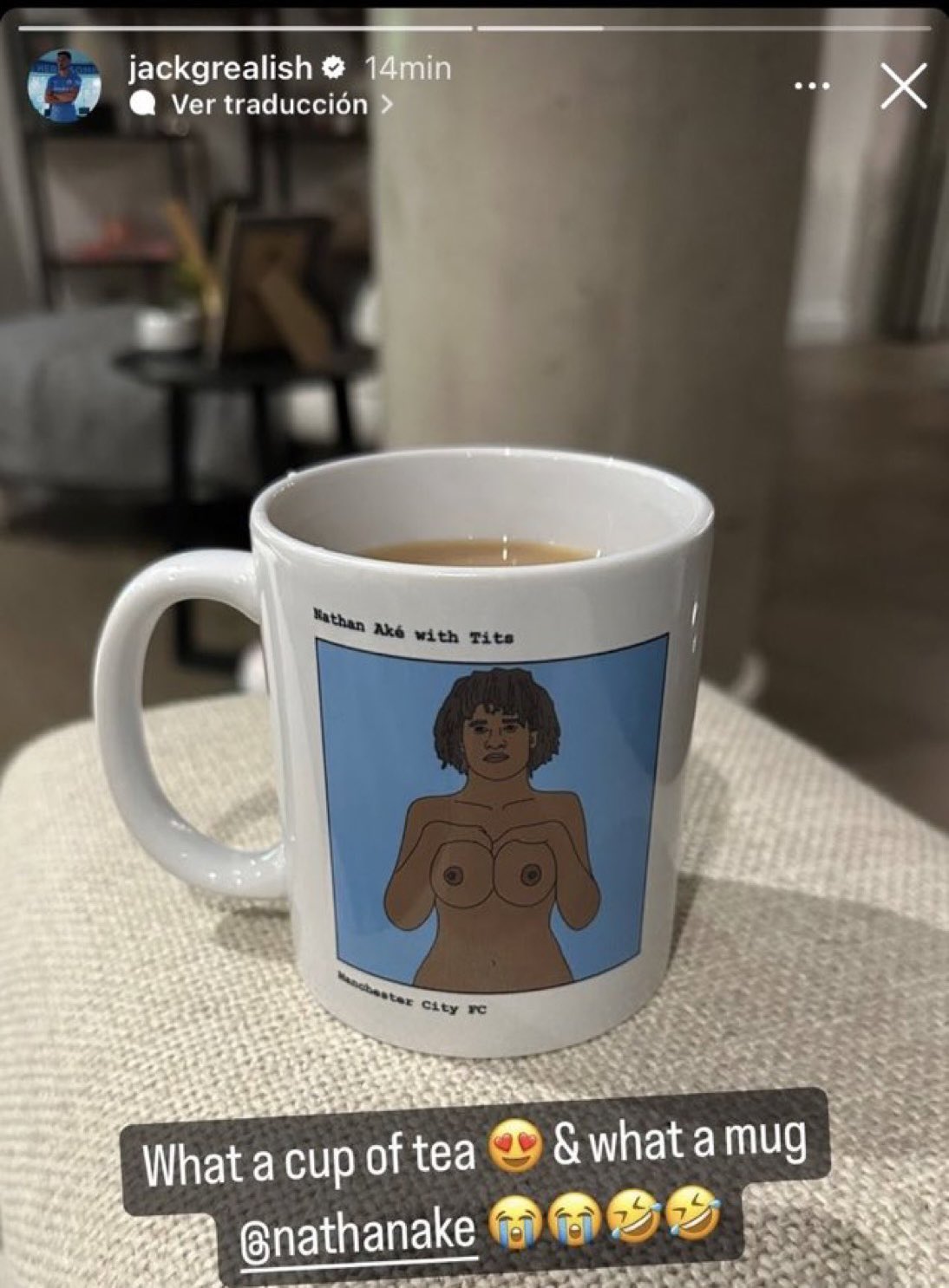 Jack Grealish Instagram Story: Nathan Ake with Tits Mug